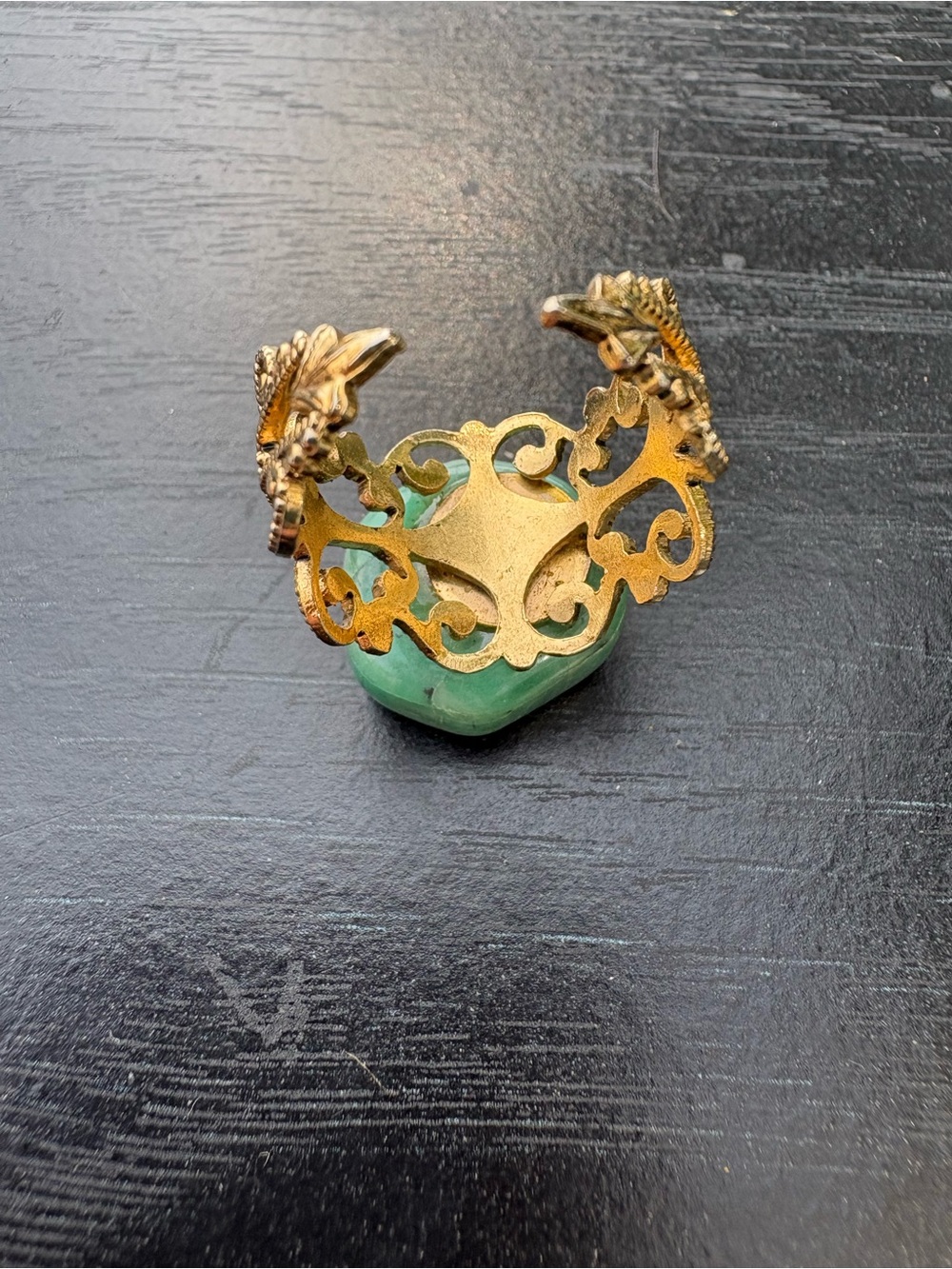 Adjustable Gold-Tone Filigree Ring with Green Gemstone - Picture 9 of 11